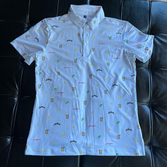 Jim Beam Polo women Short Sleeve Golf Shirt Cocktails All Over Logo Medium - Picture 1 of 9